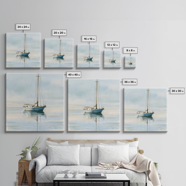 Quiet Sailboat on Glassy Water Framed Canvas Print, Seascape Art, Gallery Decor, Coastal Decor, Fine Art, Seascape, SEA-1x1-32