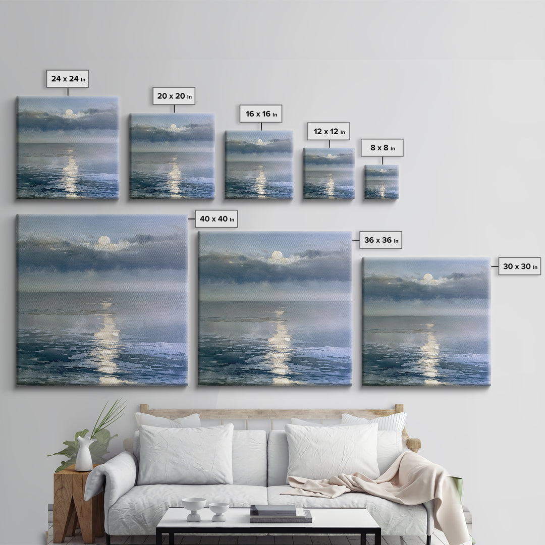 Moonlit Ocean with Silver Path of Light Framed Canvas Print, Seascape Art, Abstract Painting, Coastal Decor, Fine Art, Seascape, SEA-1x1-51