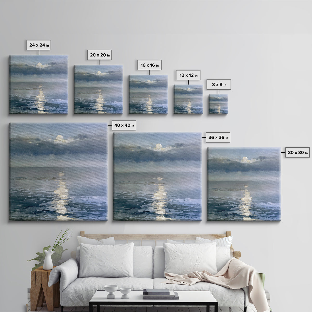 Moonlit Ocean with Silver Path of Light Framed Canvas Print, Seascape Art, Abstract Painting, Coastal Decor, Fine Art, Seascape, SEA-1x1-51