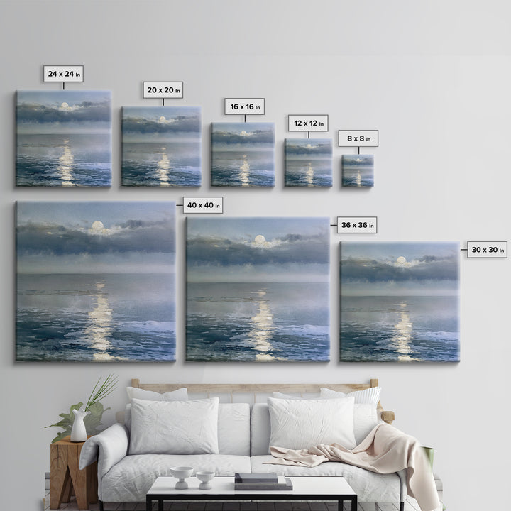 Moonlit Ocean with Silver Path of Light Framed Canvas Print, Seascape Art, Abstract Painting, Coastal Decor, Fine Art, Seascape, SEA-1x1-51