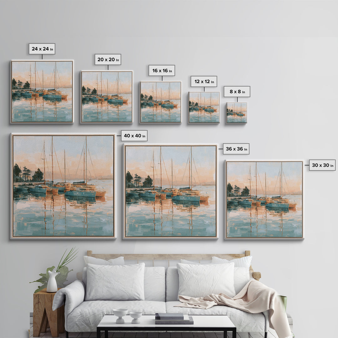 Mediterranean Harbor at Dawn Framed Canvas Print, Seascape Art, Living Room Wall Art, Coastal Decor, Fine Art, Seascape, SEA-1x1-70
