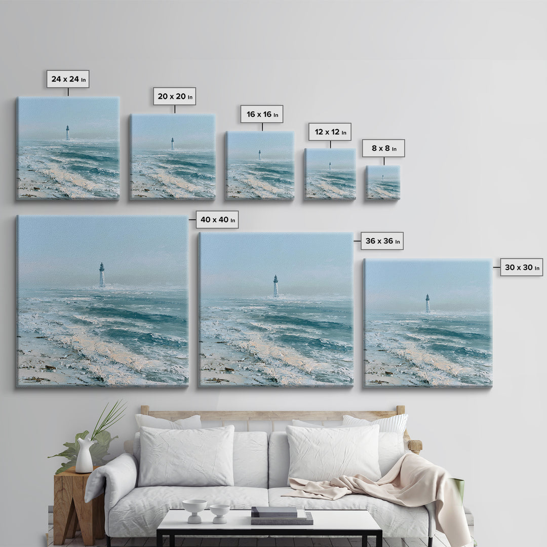 Dramatic Lighthouse in Distant Spray Framed Canvas Print, Seascape Art, Gallery Decor, Coastal Decor, Fine Art, Seascape, SEA-1x1-78