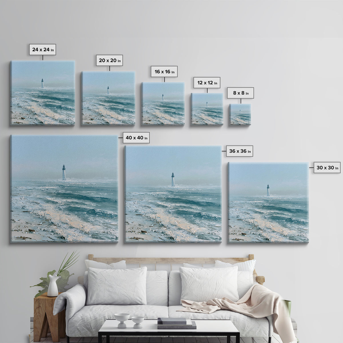 Dramatic Lighthouse in Distant Spray Framed Canvas Print, Seascape Art, Gallery Decor, Coastal Decor, Fine Art, Seascape, SEA-1x1-78