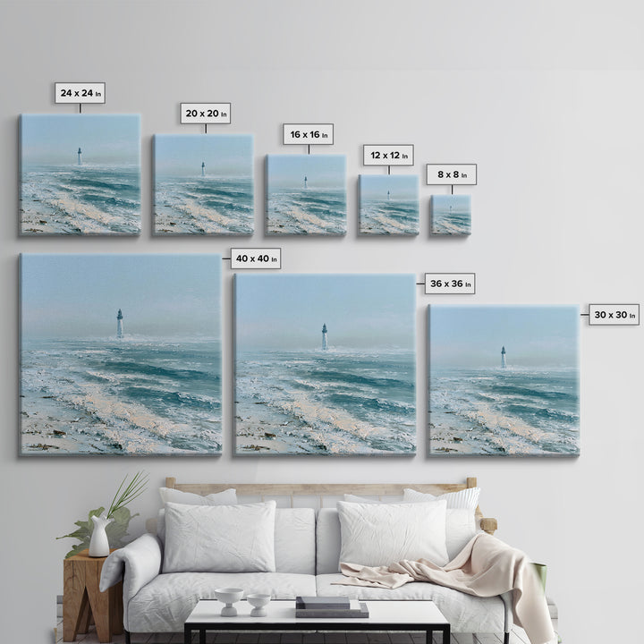 Dramatic Lighthouse in Distant Spray Framed Canvas Print, Seascape Art, Gallery Decor, Coastal Decor, Fine Art, Seascape, SEA-1x1-78