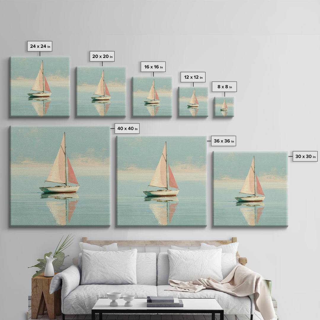 Quiet Sailboat on Glassy Water Framed Canvas Print, Seascape Art, Neutral Decor, Coastal Decor, Fine Art, Seascape, Home Decor, SEA-1x1-80
