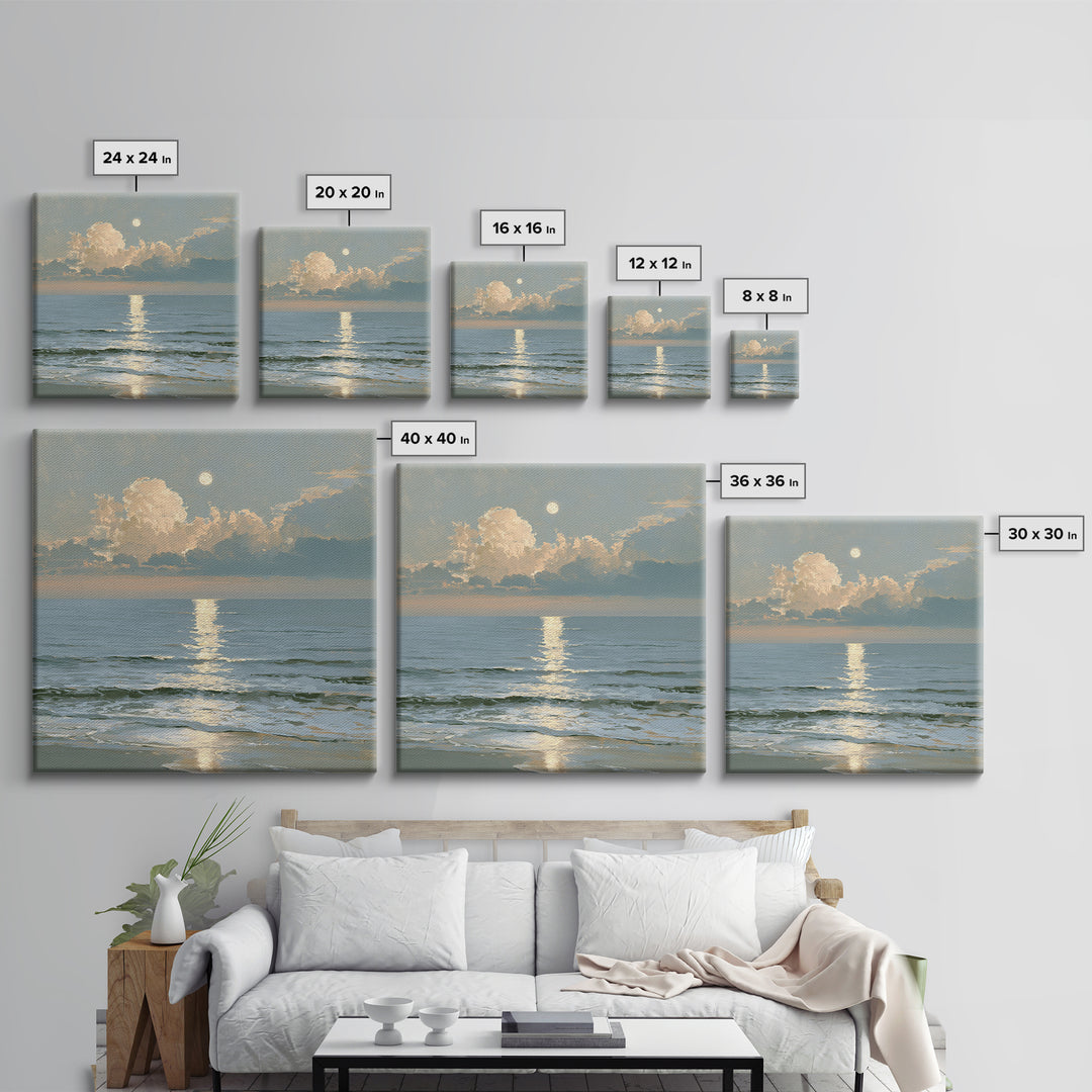 Moonlit Ocean with Silver Path of Light Canvas Print, Seascape Art, Wall Art, Coastal Decor, Oil Painting, Seascape, SEA-1x1-99