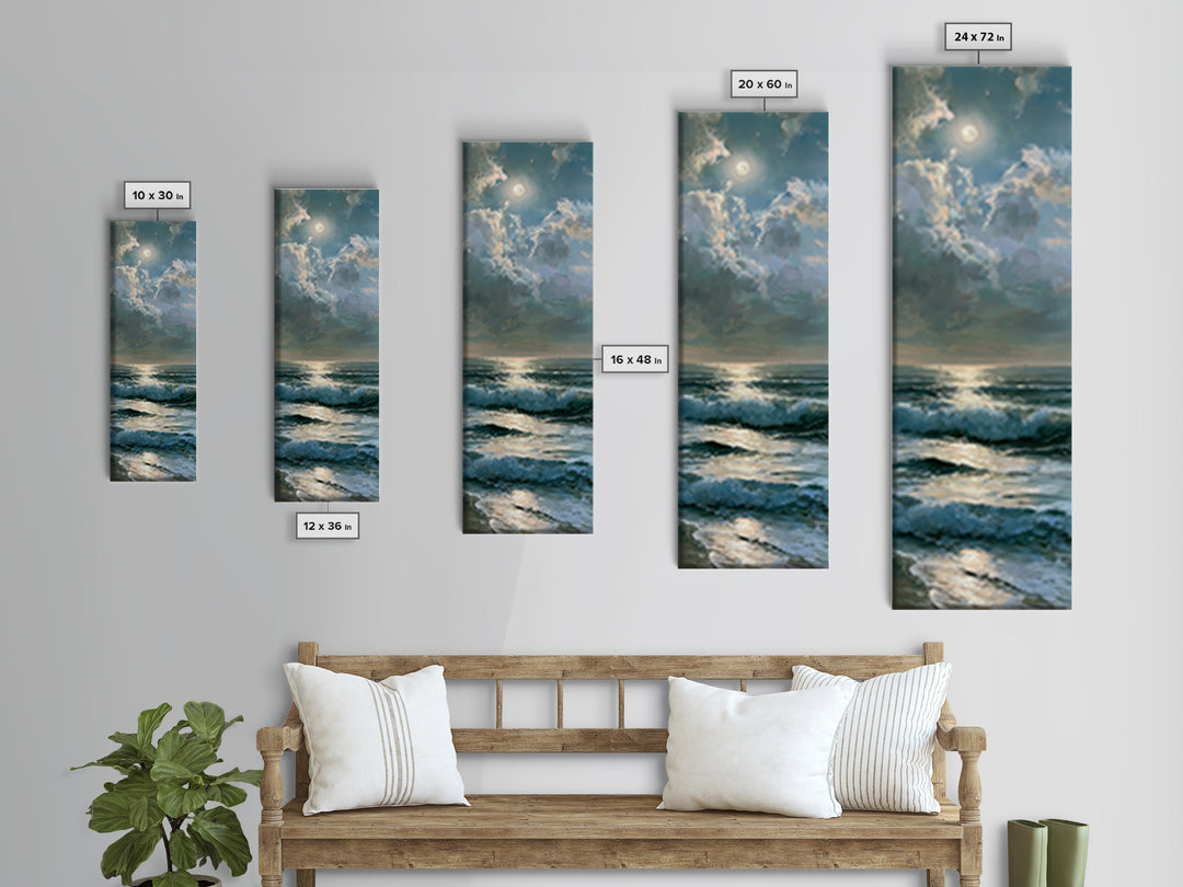 Moonlit Ocean with Silver Path of Light Framed Canvas Print, Seascape Art, Home Decor, Coastal Decor, Fine Art, Seascape, SEA-1x3-15