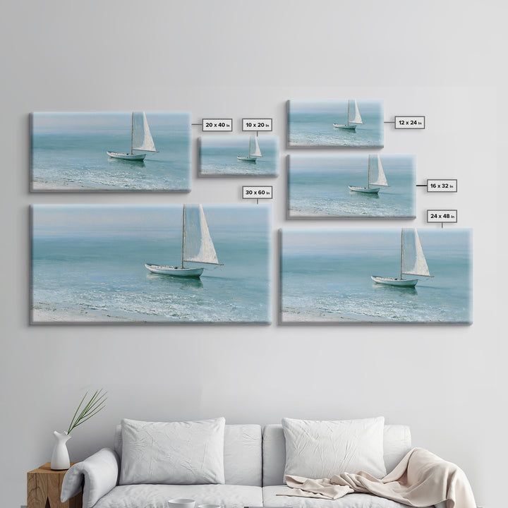 Quiet Sailboat on Glassy Water Framed Canvas Print, Seascape Art, Watercolor Painting, Coastal Decor, Fine Art, Seascape, SEA-2x1-100