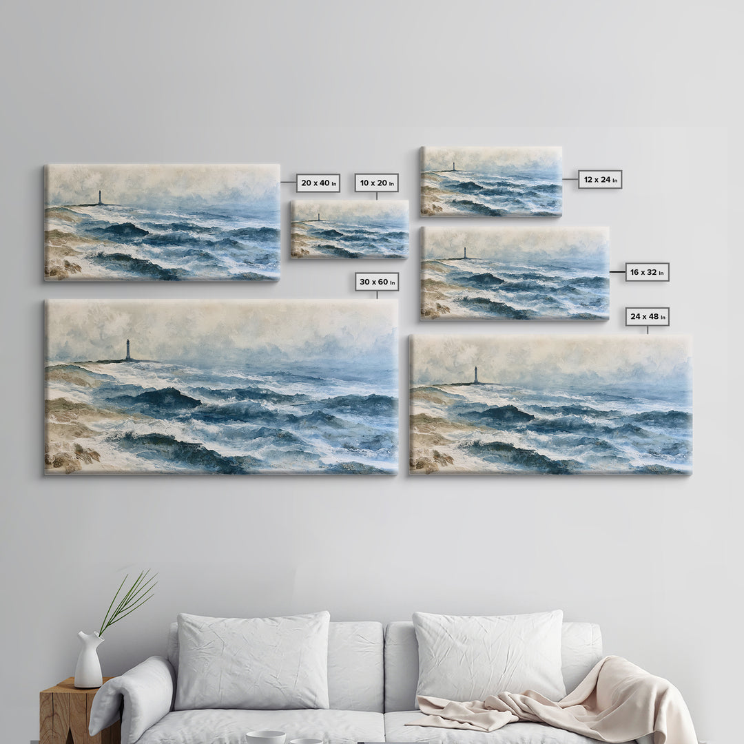 Dramatic Lighthouse in Distant Spray Canvas Print, Seascape Art, Boho Decor, Coastal Decor, Abstract Art, Seascape, SEA-2x1-26