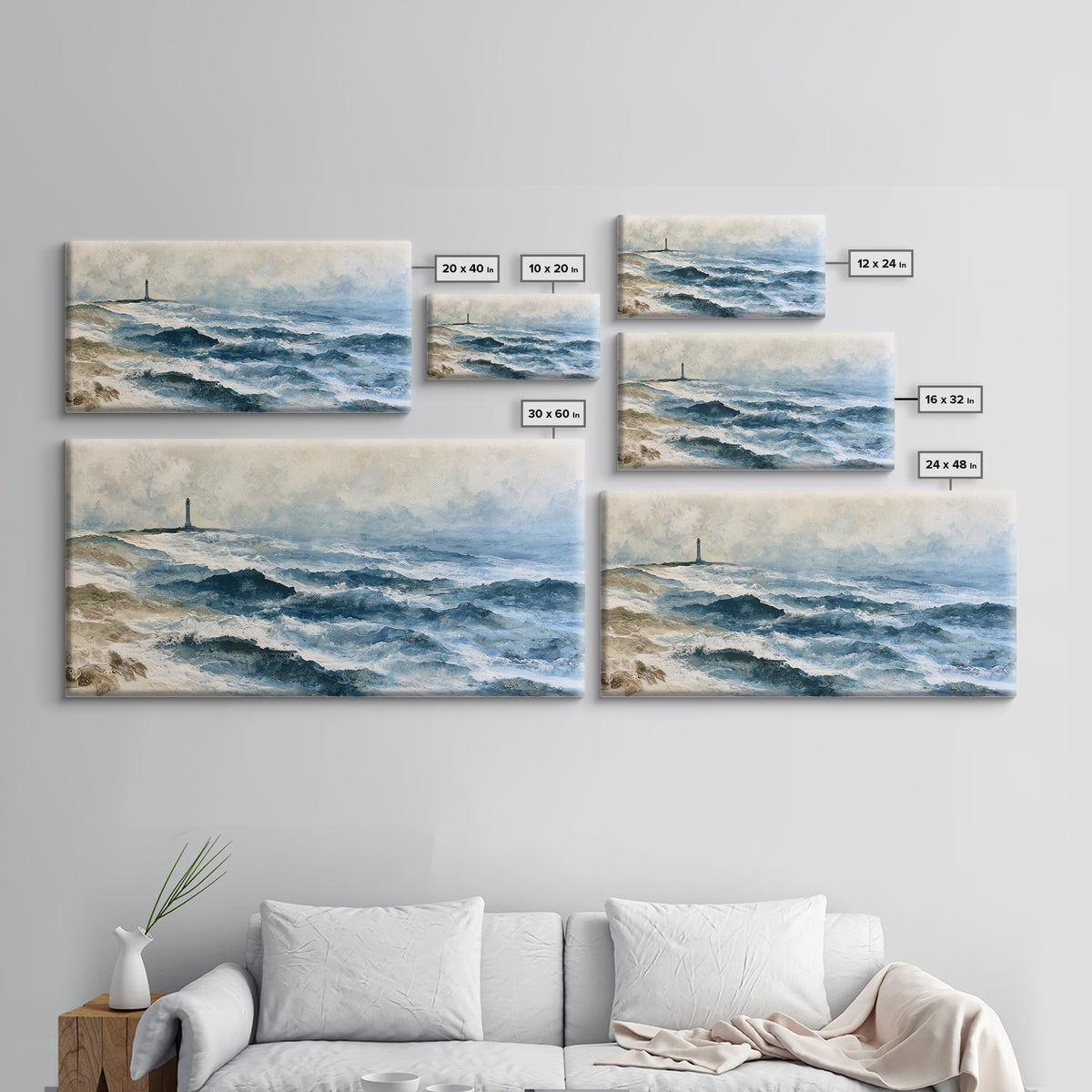 Dramatic Lighthouse in Distant Spray Canvas Print, Seascape Art, Boho Decor, Coastal Decor, Abstract Art, Seascape, SEA-2x1-26