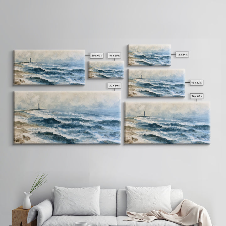 Dramatic Lighthouse in Distant Spray Canvas Print, Seascape Art, Boho Decor, Coastal Decor, Abstract Art, Seascape, SEA-2x1-26