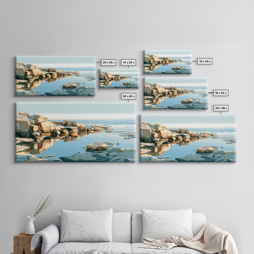 Rocky Tidepool with Reflections Framed Canvas Print, Seascape Art, Bedroom Decor, Coastal Decor, Seascape, Coastal Wall Art, SEA-2x1-55