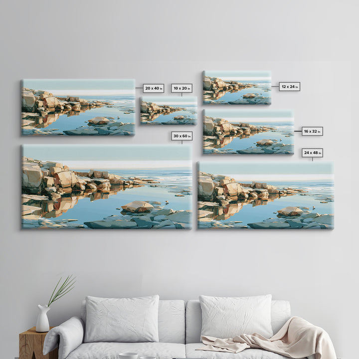 Rocky Tidepool with Reflections Framed Canvas Print, Seascape Art, Bedroom Decor, Coastal Decor, Seascape, Coastal Wall Art, SEA-2x1-55