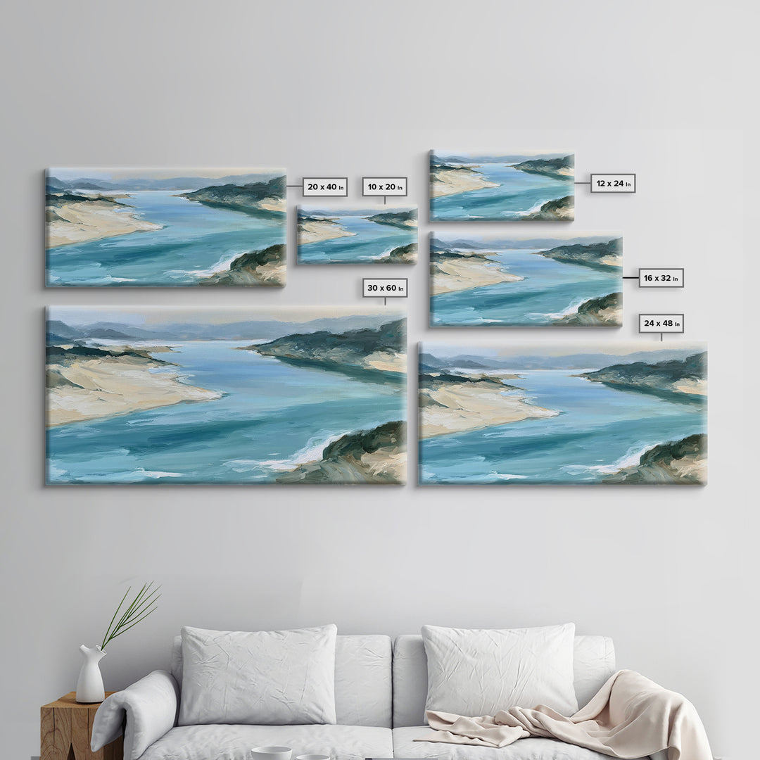 Coastal Cove with Turquoise Water Framed Canvas Print, Seascape Art, Wall Art Print, Coastal Decor, Watercolor Art, Seascape, SEA-2x1-59