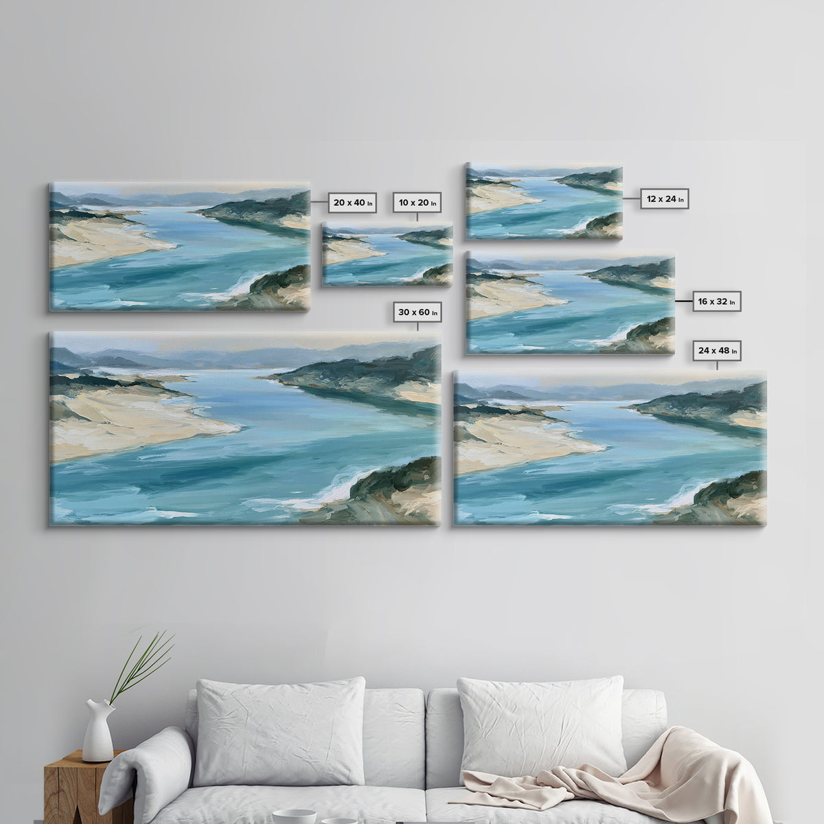 Coastal Cove with Turquoise Water Framed Canvas Print, Seascape Art, Wall Art Print, Coastal Decor, Watercolor Art, Seascape, SEA-2x1-59