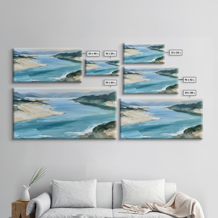 Coastal Cove with Turquoise Water Framed Canvas Print, Seascape Art, Wall Art Print, Coastal Decor, Watercolor Art, Seascape, SEA-2x1-59