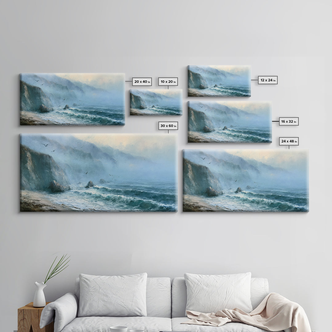 Misty Sea Cliffs Framed Canvas Print, Seascape Art, Abstract Art, Coastal Decor, Seascape, Nautical Decor, Coastal Wall Art, SEA-2x1-97