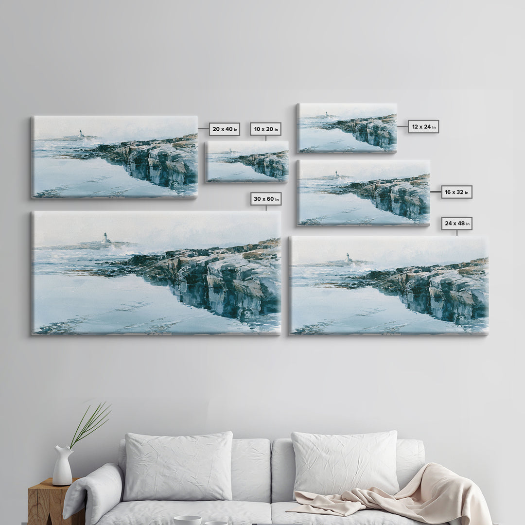 Dramatic Lighthouse in Distant Spray Canvas Print, Seascape Art, Coastal Decor, Watercolor Art, Seascape, Printable Art, SEA-2x1-98