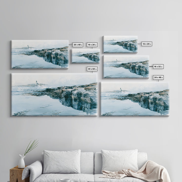 Dramatic Lighthouse in Distant Spray Canvas Print, Seascape Art, Coastal Decor, Watercolor Art, Seascape, Printable Art, SEA-2x1-98