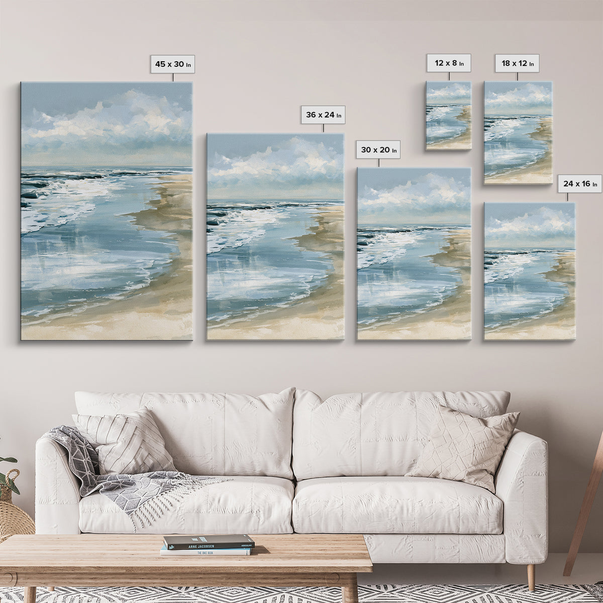 Golden Beach Tide at Low Water Framed Canvas Print, Seascape Art, Digital Prints, Coastal Decor, Watercolor Art, Seascape, SEA-2x3-98