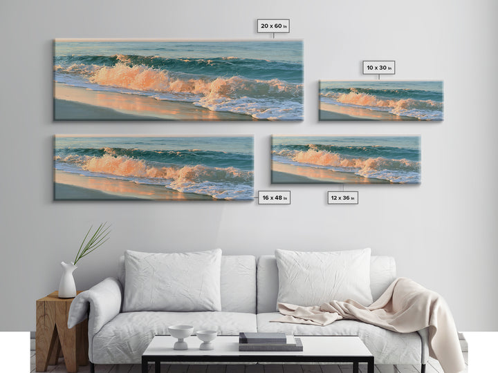 Sunset Surf Glowing Orange and Pink Framed Canvas Print, Seascape Art, Wall Decor, Coastal Decor, Fine Art, Seascape, SEA-3x1-44