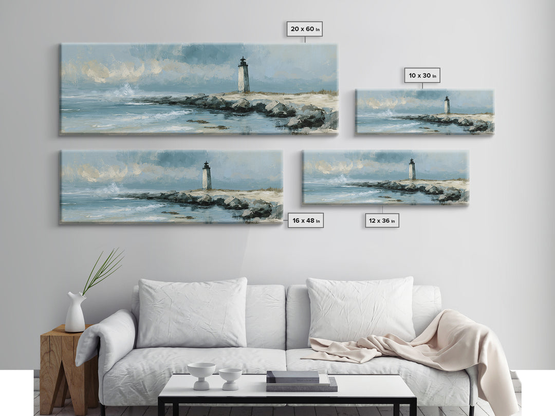 Dramatic Lighthouse in Distant Spray Canvas Print, Seascape Art, Digital Print, Coastal Decor, Seascape, Watercolor Art, SEA-3x1-46