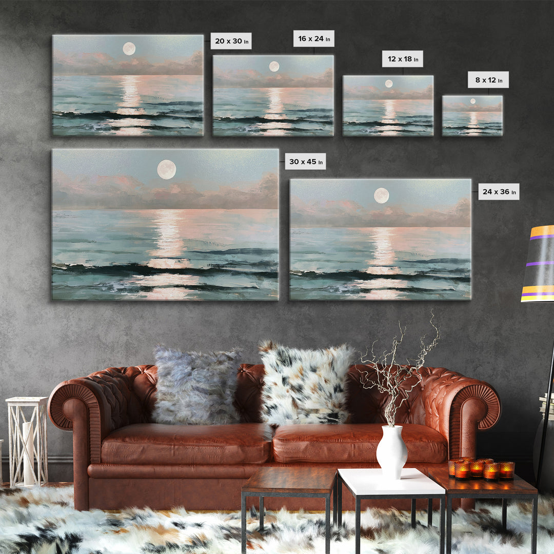 Moonlit Ocean with Silver Path of Light Framed Canvas Print, Seascape Art, Bedroom Wall Art, Coastal Decor, Watercolor Art, SEA-3x2-31