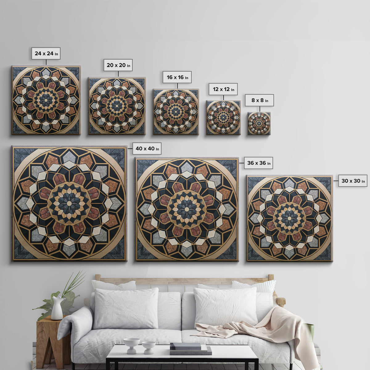 Black and Gold Geometric Rosette Framed Canvas Print, Sacred Geometry Art, Digital Art, Living Room Decor, Fine Art, Geometry, SGA-1x1-12