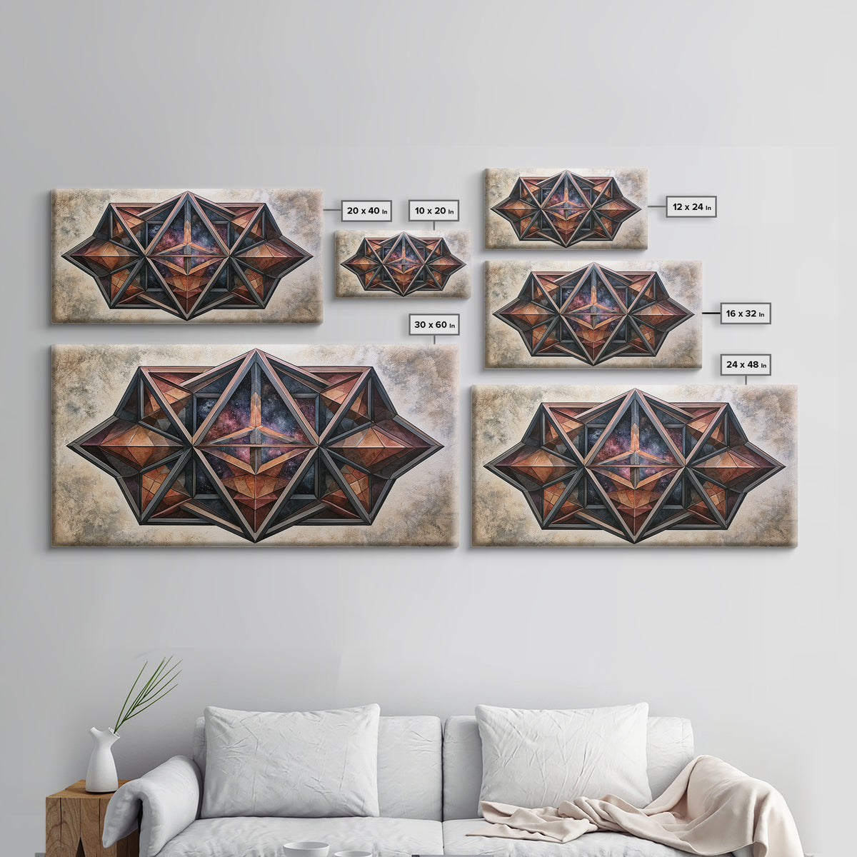 Star Tetrahedron with Watercolor Galaxy Wash Canvas Print, Sacred Geometry Art, Wabi Sabi Art, Living Room Decor, Geometry, SGA-2x1-100