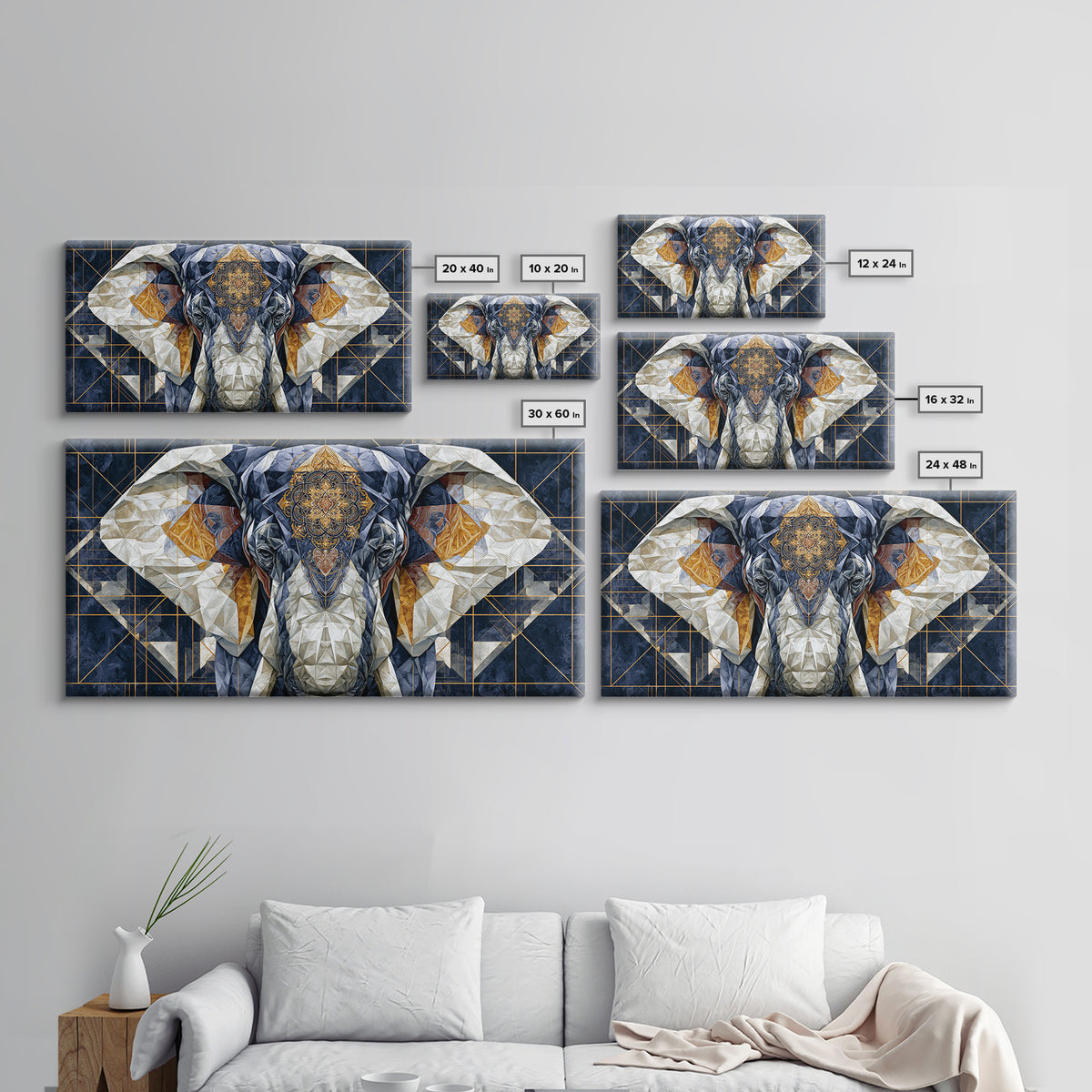 Geometric Elephant with Ornate Mandala Lines Canvas Print, Sacred Geometry Art, Contemporary Art, Living Room Decor, Geometry, SGA-2x1-54