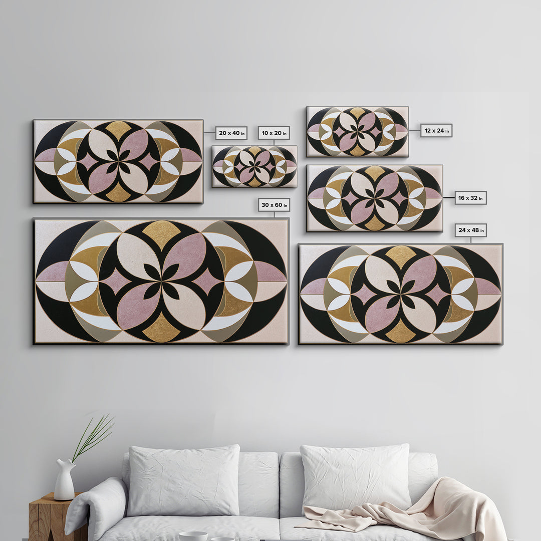 Black and Gold Geometric Rosette Framed Canvas Print, Sacred Geometry Art, Midcentury Modern, Living Room Decor, Geometry, SGA-2x1-80