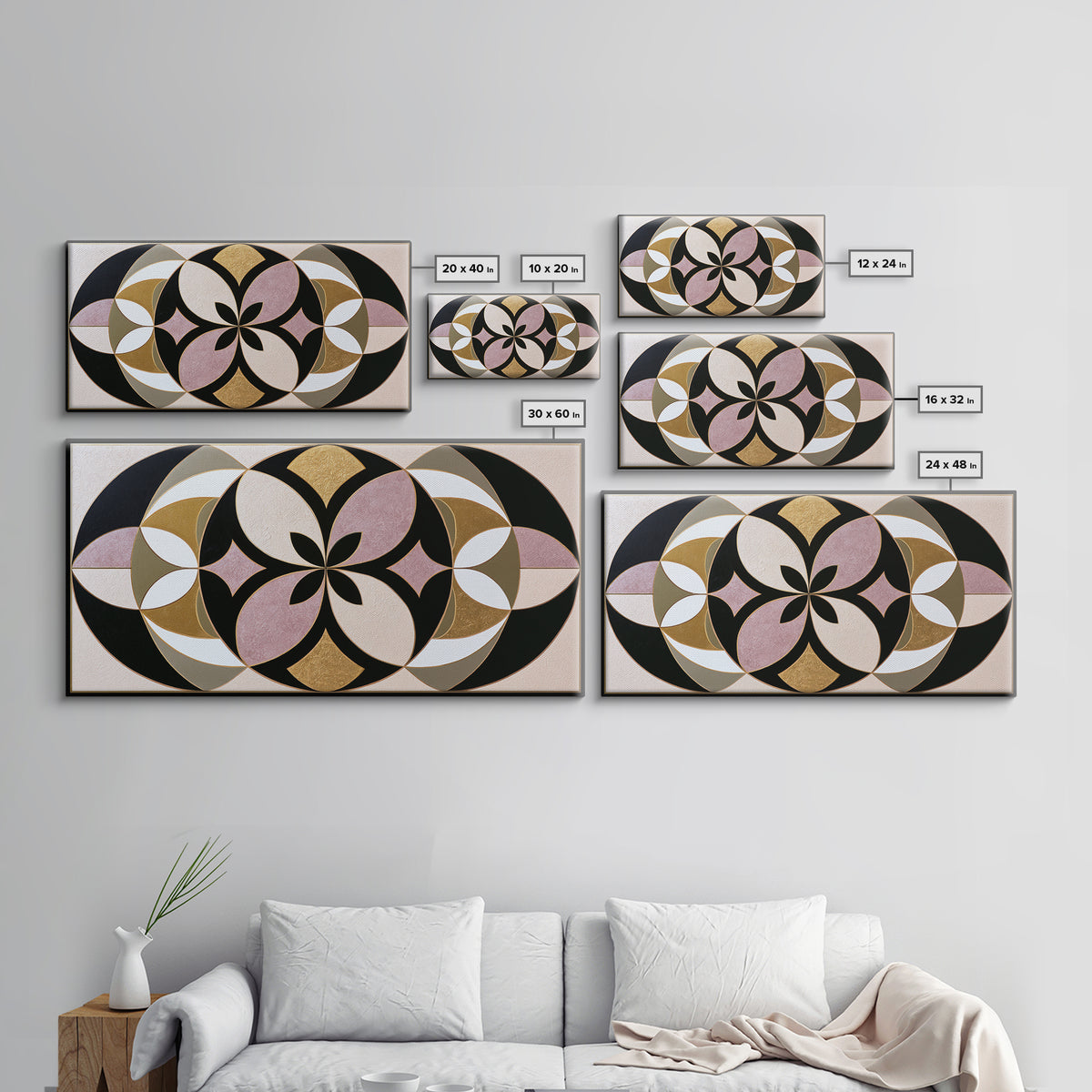 Black and Gold Geometric Rosette Framed Canvas Print, Sacred Geometry Art, Midcentury Modern, Living Room Decor, Geometry, SGA-2x1-80