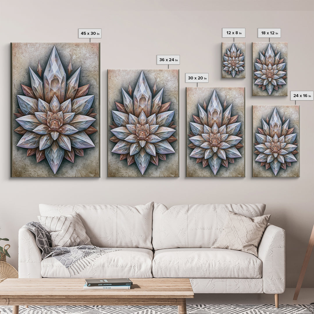 Crystal Lotus Arrangement Framed Canvas Print, Sacred Geometry Art, Boho Wall Decor, Living Room Decor, Fine Art, Geometry, SGA-2x3-28