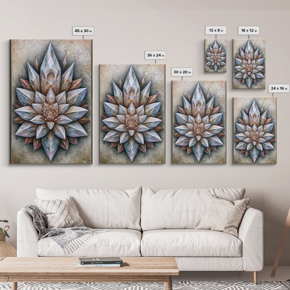 Crystal Lotus Arrangement Framed Canvas Print, Sacred Geometry Art, Boho Wall Decor, Living Room Decor, Fine Art, Geometry, SGA-2x3-28
