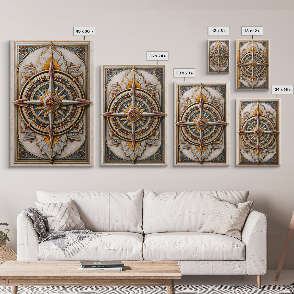 Gold Line Compass Mandala on Parchment Canvas Print, Sacred Geometry Art, Wall Decor, Living Room Decor, Abstract Art, Geometry, SGA-2x3-29