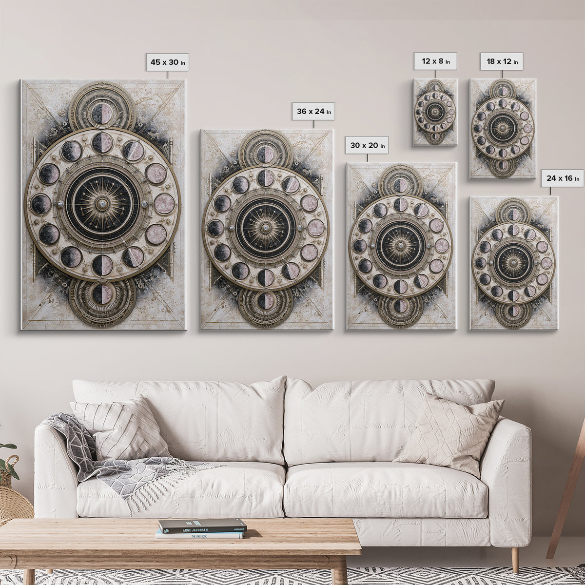 Moon Phase Mandala Framed Canvas Print, Sacred Geometry Art, Textured Painting, Living Room Decor, Fine Art, Geometry, SGA-2x3-46