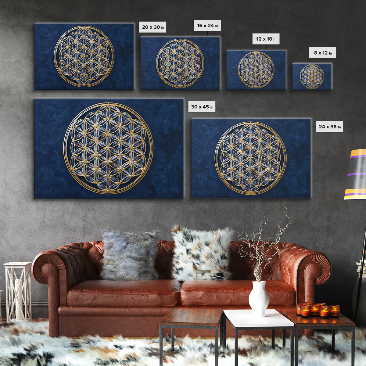 Flower of Life Pattern Framed Canvas Print, Sacred Geometry Art, Floral Prints, Living Room Decor, Oil Painting, Geometry, SGA-3x2-5