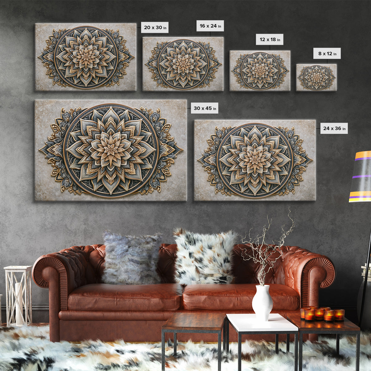 Mandala Lotus with Precise Radial Symmetry Canvas Print, Sacred Geometry Art, Midcentury Modern, Living Room Decor, Geometry, SGA-3x2-54