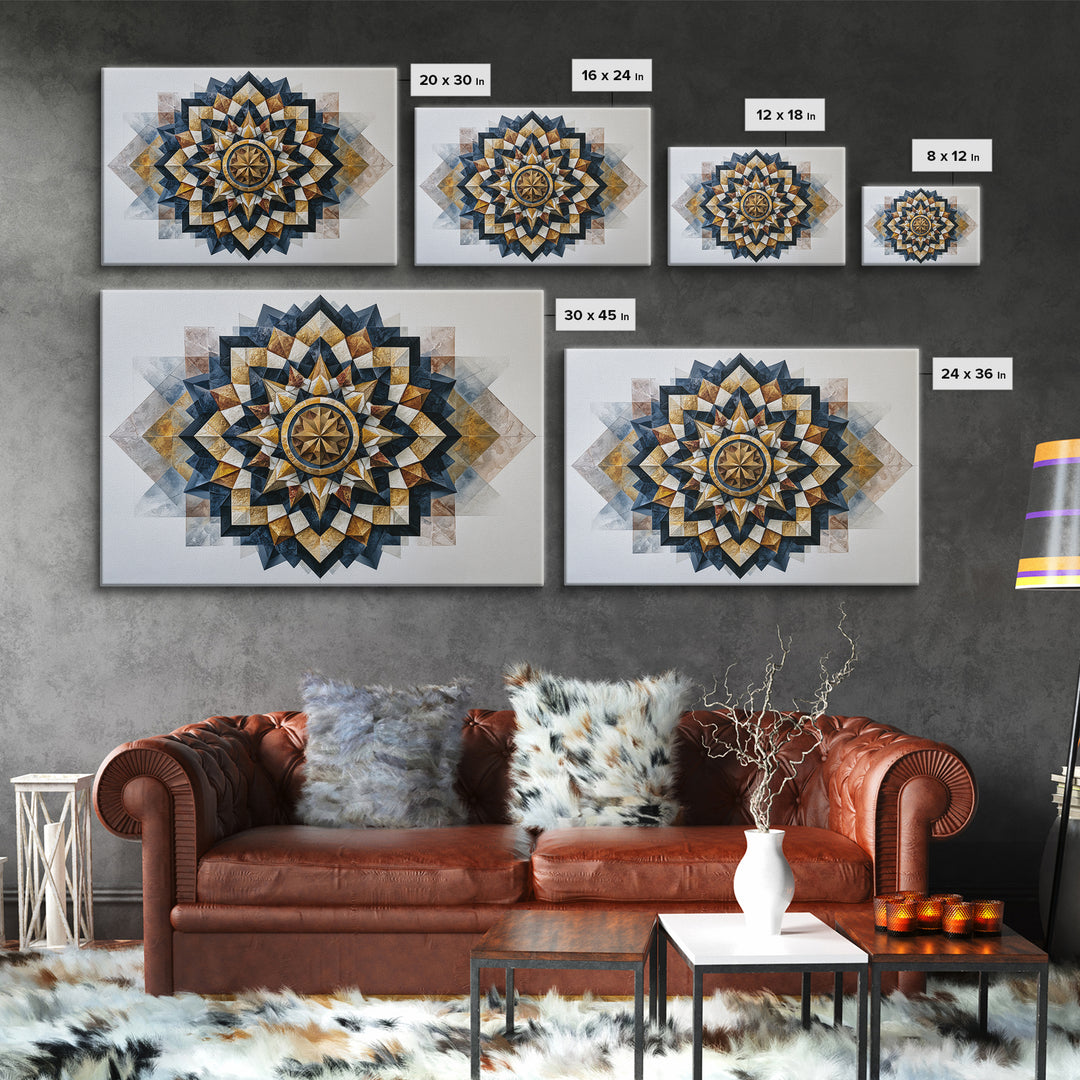 Black and Gold Geometric Rosette Framed Canvas Print, Sacred Geometry Art, Home Decor, Living Room Decor, Fine Art, Geometry, SGA-3x2-64