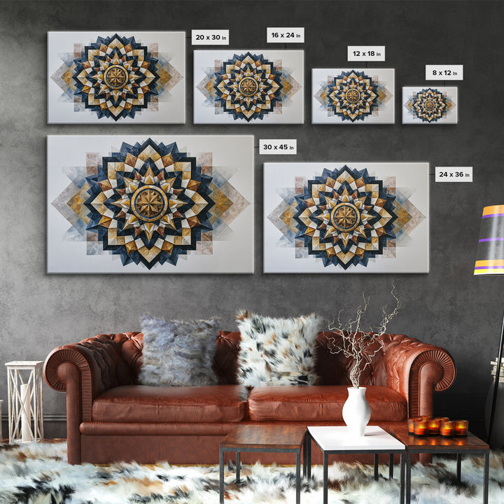 Black and Gold Geometric Rosette Framed Canvas Print, Sacred Geometry Art, Home Decor, Living Room Decor, Fine Art, Geometry, SGA-3x2-64