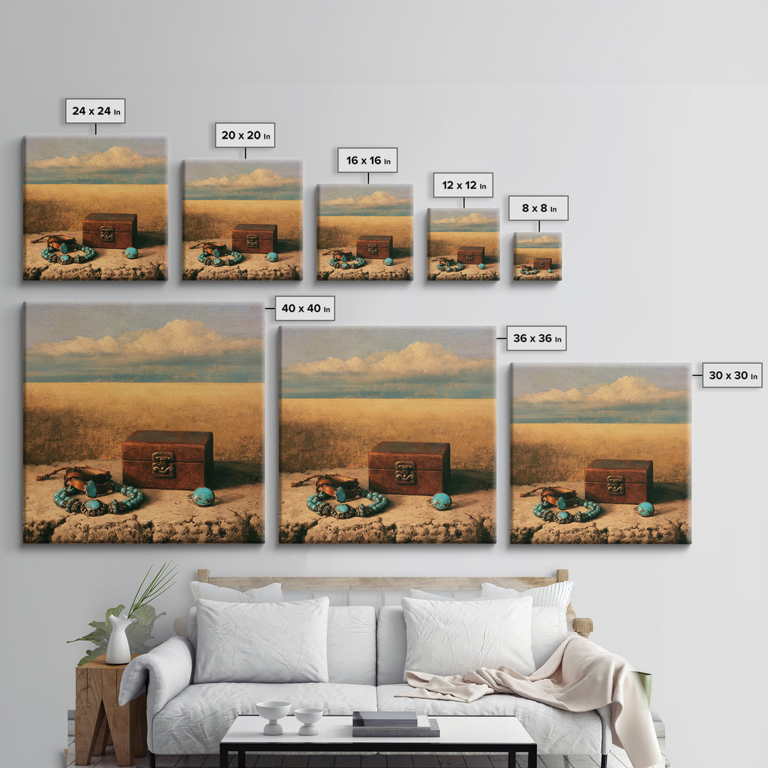 Turquoise Jewelry and Leather Still Life Framed Canvas Print, Southwestern Art, Boho Wall Art, Southwestern Decor, Mesa, SOU-1x1-11