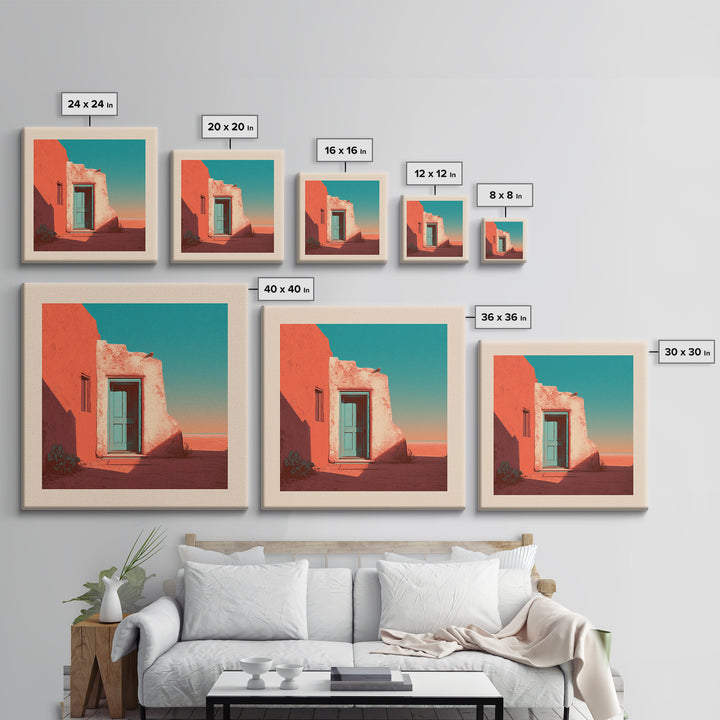 Adobe Doorway with Turquoise Blue Shadow Framed Canvas Print, Southwestern Art, Textured Painting, Southwestern Decor, Mesa, SOU-1x1-29