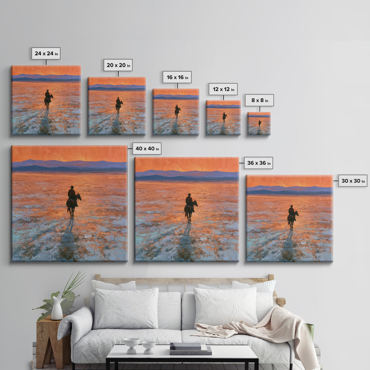 Horse Rider Crossing Desert at Dusk Framed Canvas Print, Southwestern Art, Farmhouse Wall Art, Southwestern Decor, Mesa, SOU-1x1-43