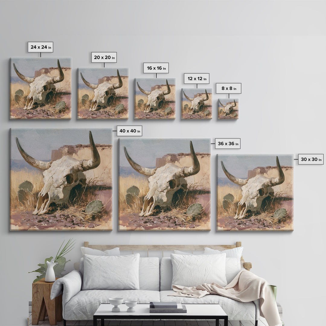 Sun Bleached Longhorn Skull Still Life Framed Canvas Print, Southwestern Art, Southwestern Decor, Abstract Art, Mesa, SOU-1x1-57