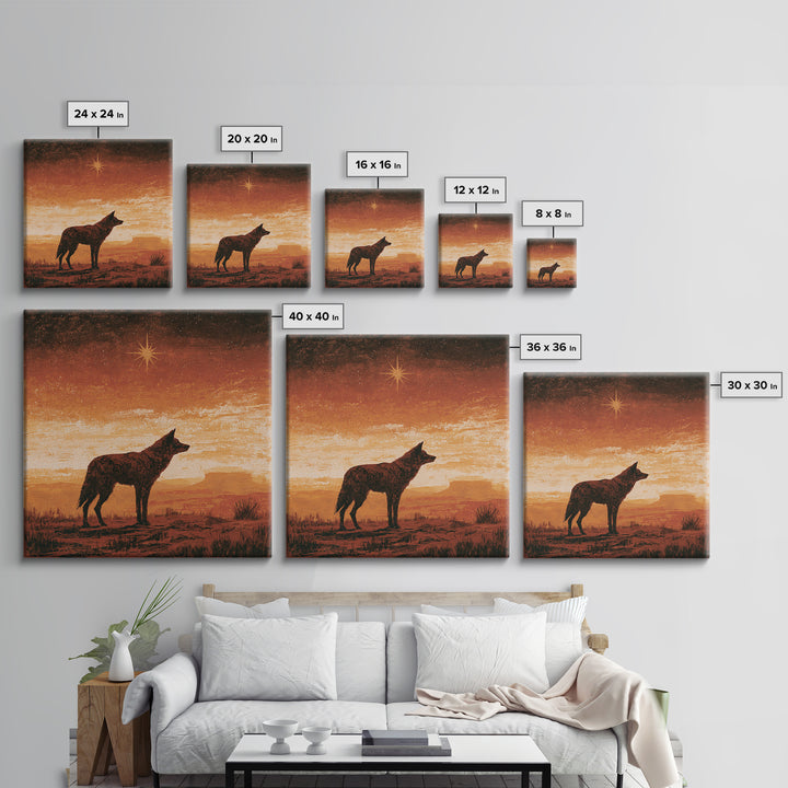Coyote Silhouette Beneath Starry Sky Framed Canvas Print, Southwestern Art, Neutral Decor, Southwestern Decor, Fine Art, Mesa, SOU-1x1-63