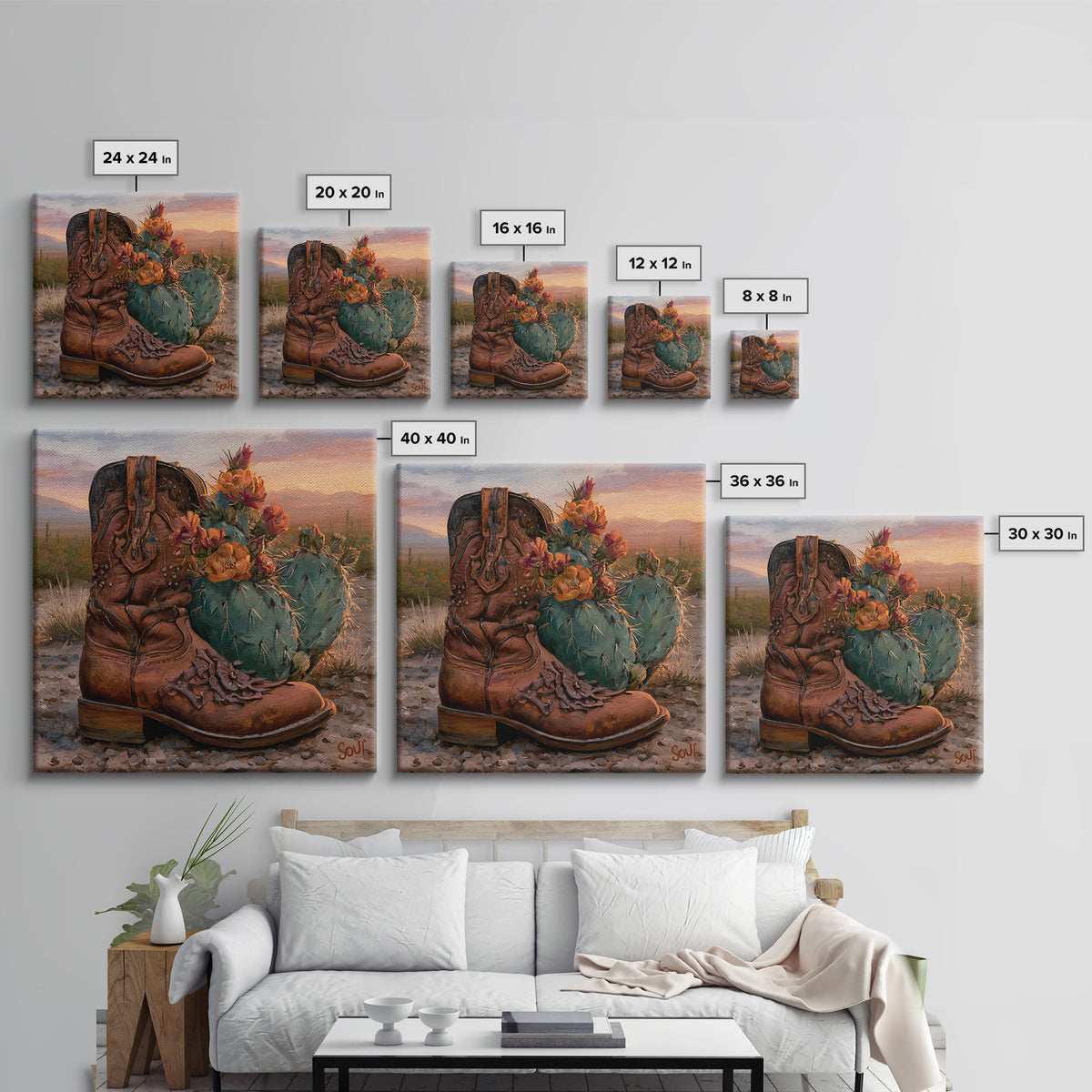 Western Boot with Cactus Blossoms Framed Canvas Print, Southwestern Art, Luxury Decor, Southwestern Decor, Fine Art, Mesa, SOU-1x1-65