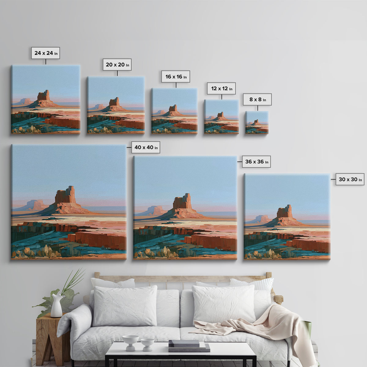 Desert Mesas in Terracotta and Turquoise Framed Canvas Print, Southwestern Art, Southwestern Decor, Watercolor Art, Mesa, SOU-1x1-73