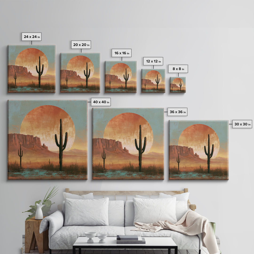 Saguaro Cactus under Enormous Sunset Framed Canvas Print, Southwestern Art, Fine Art Print, Southwestern Decor, Fine Art, Mesa, SOU-1x1-74