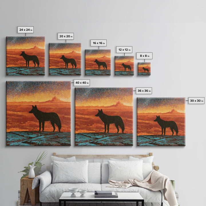 Coyote Silhouette Beneath Starry Sky Canvas Print, Southwestern Art, Art Print, Southwestern Decor, Watercolor Art, Mesa, SOU-1x1-87