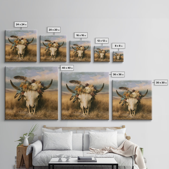 Cow Skull with Desert Flowers and Feathers Canvas Print, Southwestern Art, Wall Decor, Southwestern Decor, Oil Painting, Mesa, SOU-1x1-99